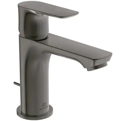 Ein grauer Wasserhahn von Ideal Standard mit flacher Bedienung und seitlichem Hebel zum regulieren von Temperatur und Wasserfluss.